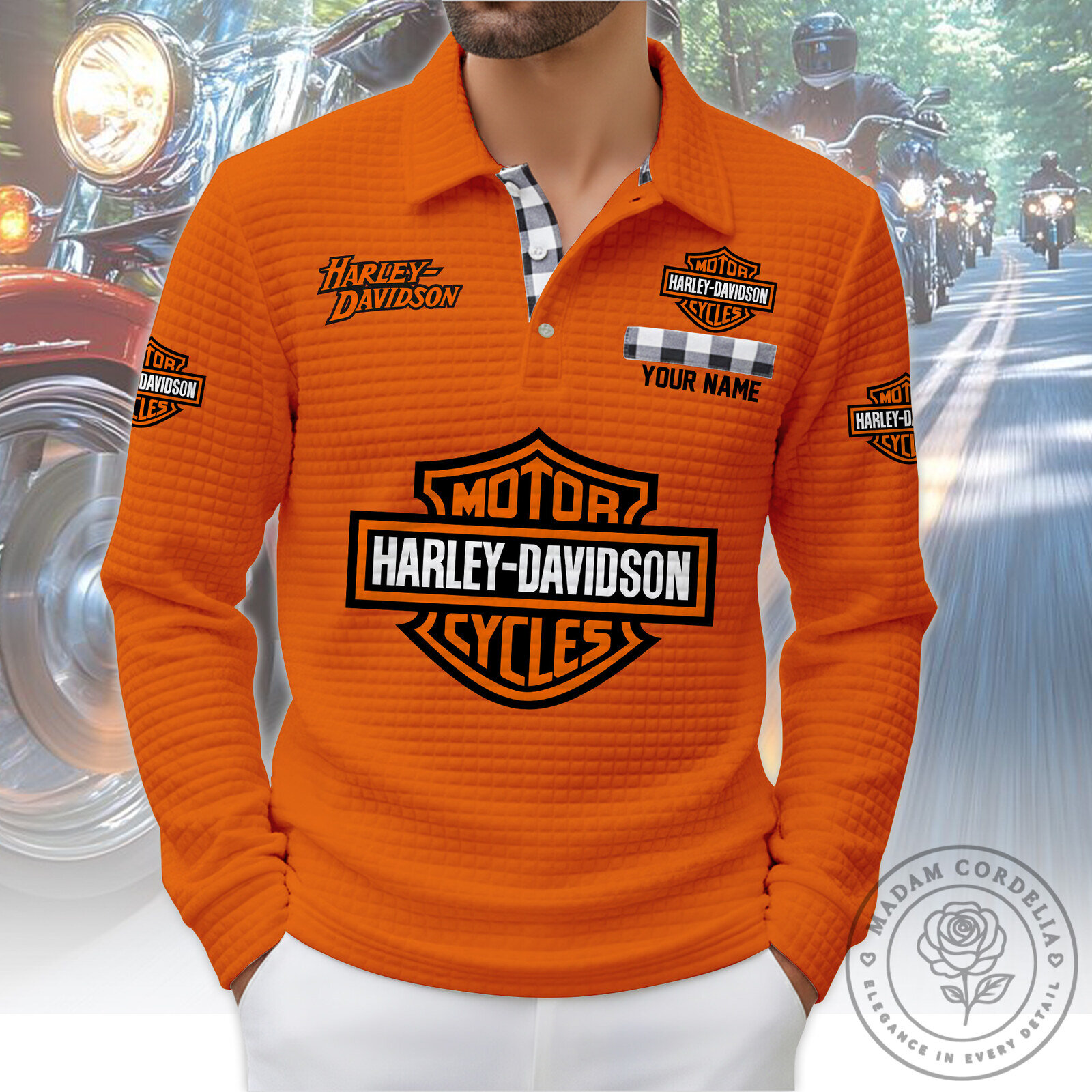 Harley-Davidson Motorcycles Orange Quilted Long Sleeve Polo Shirt