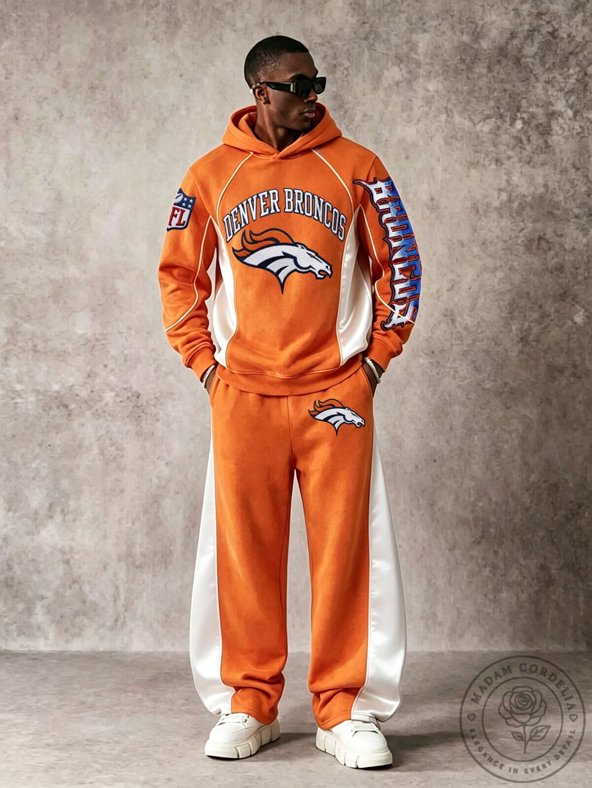 Denver Broncos Football Team Orange and White Hoodie and Jogging Pants Set