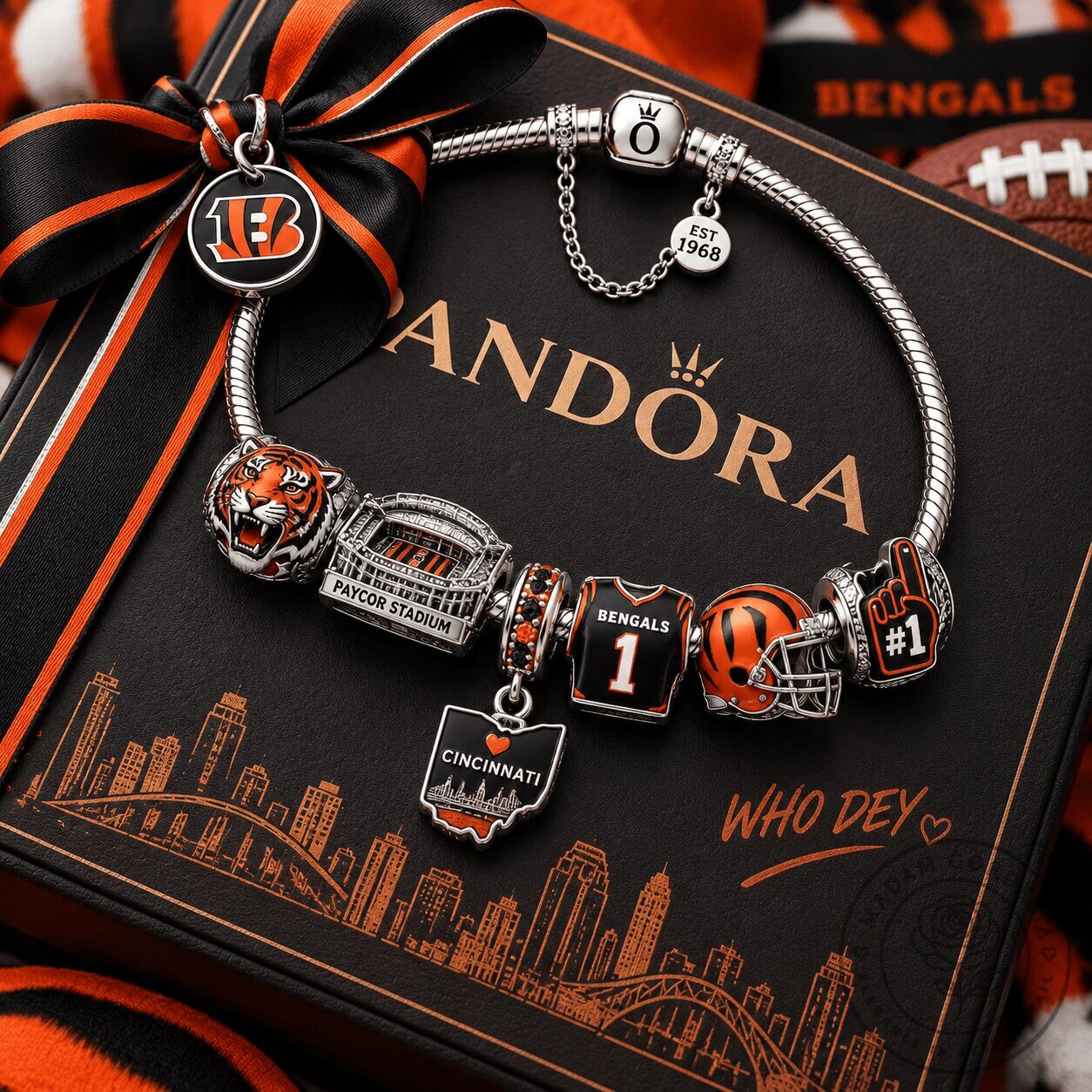 Cincinnati Bengals Football Team Charm Bracelet with Paycor Stadium and Helmet