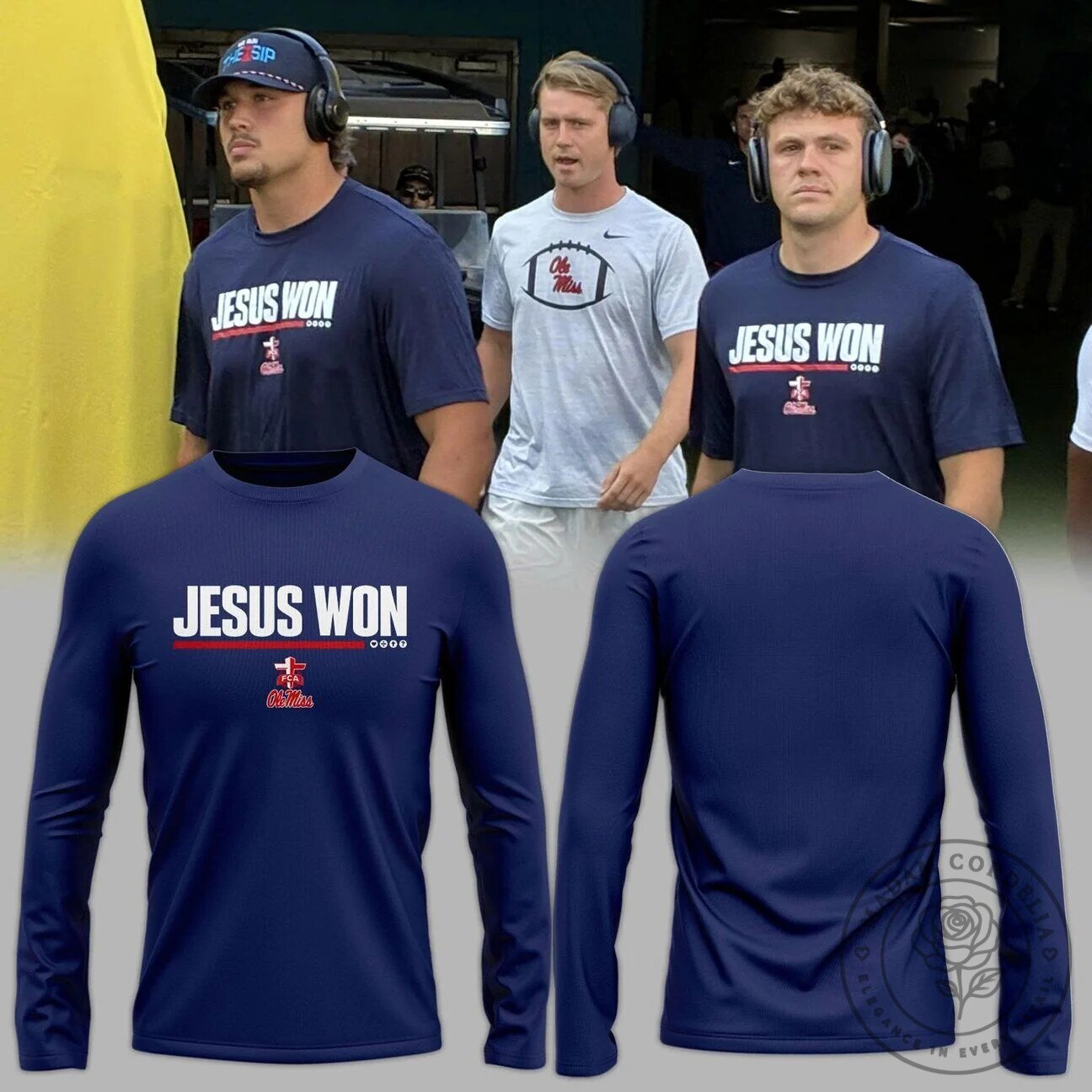 Ole Miss Rebels Football Long Sleeve Shirt in Navy Blue with Jesus Won Design