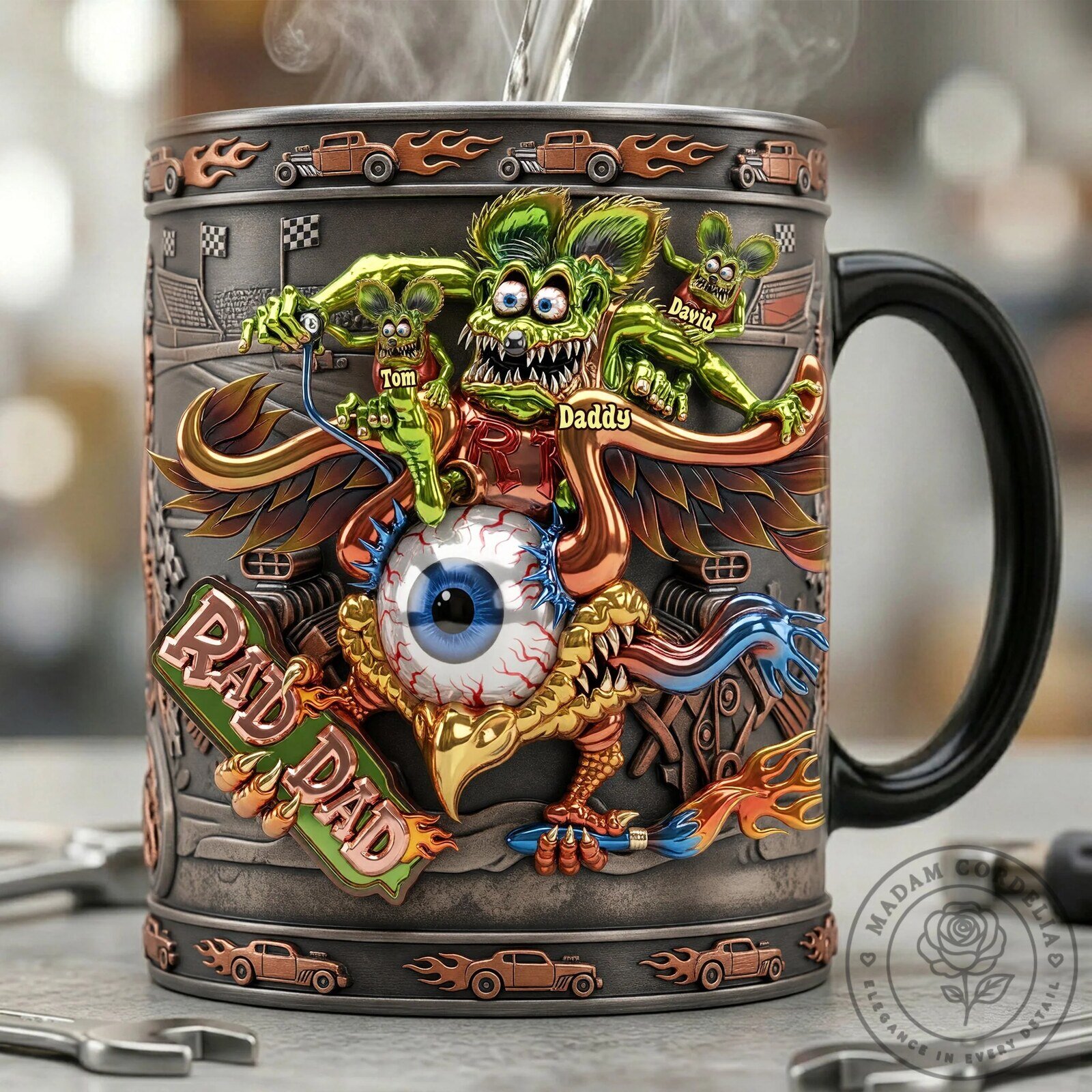 Rad Dad Hot Rod Magic Mug, Personalized Monster Rat Fink Father's Day Gift