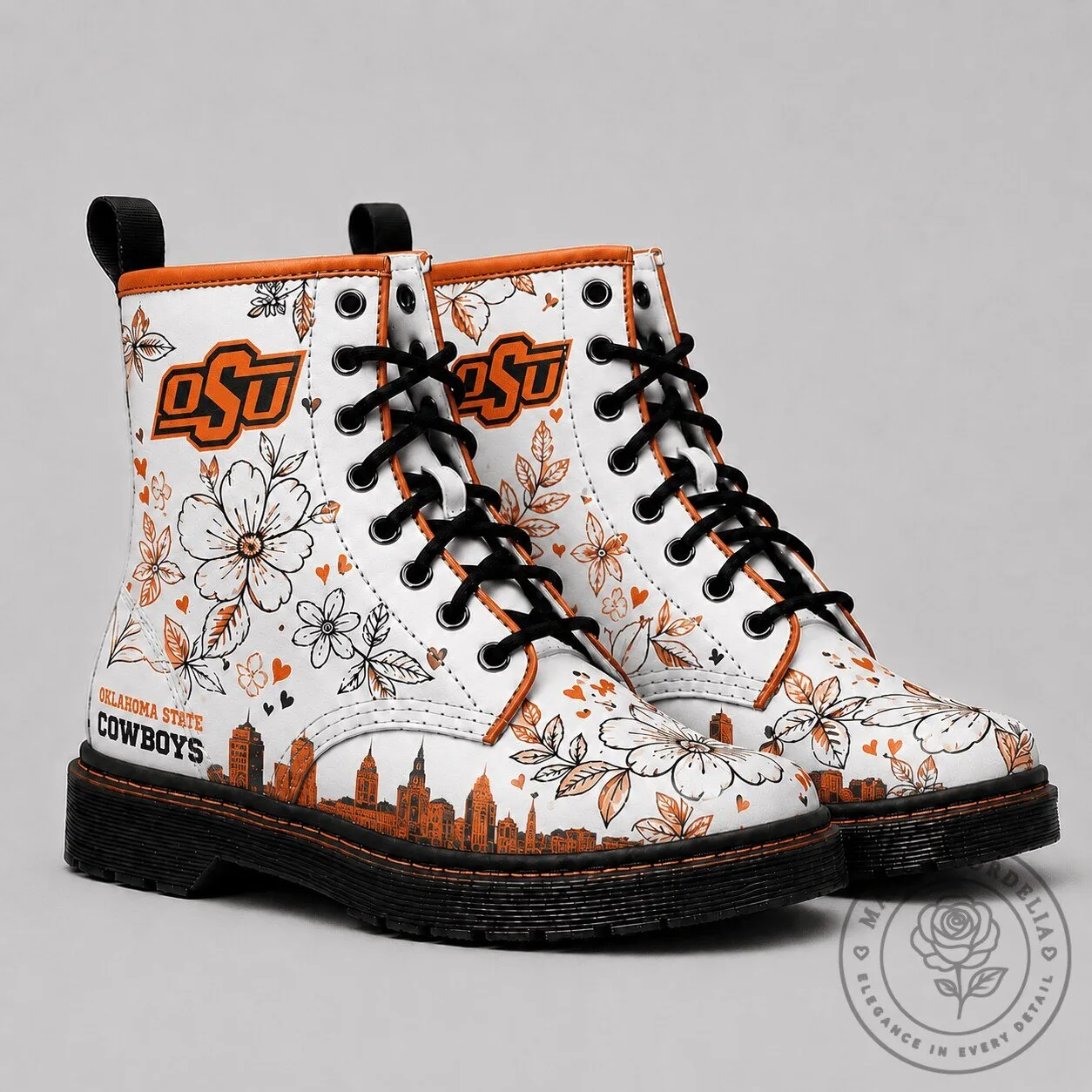 Oklahoma State Cowboys Floral Pattern White Combat Boots
