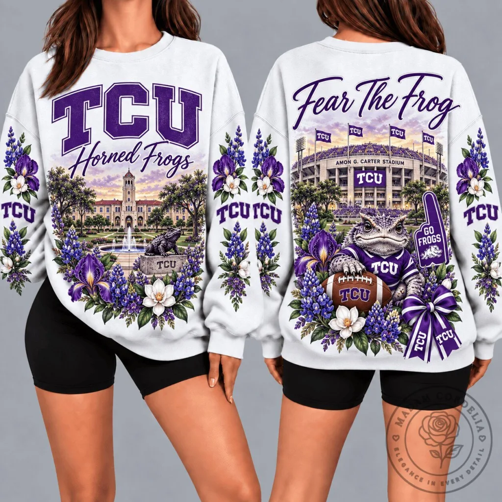TCU Horned Frogs Fear The Frog Amon G. Carter Stadium Floral Sweatshirt TCU Horned Frogs Fear The Frog Amon G. Carter Stadium Floral Sweatshirt