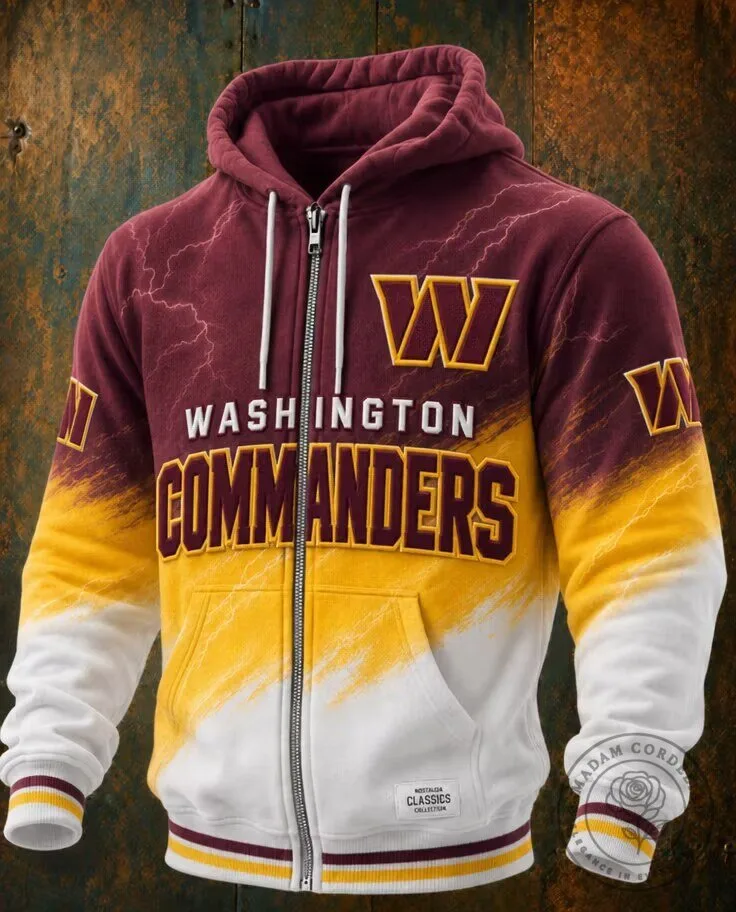 Washington Commanders Football Team Lightning Design Full-Zip Hoodie