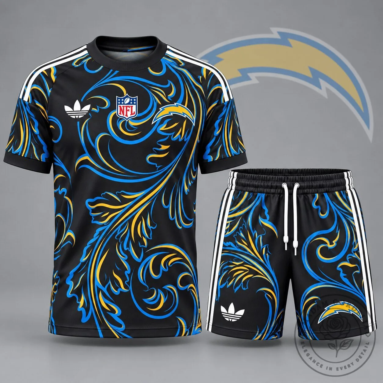 Los Angeles Chargers Heritage Swirl Pattern Black and Blue Football Jersey Set