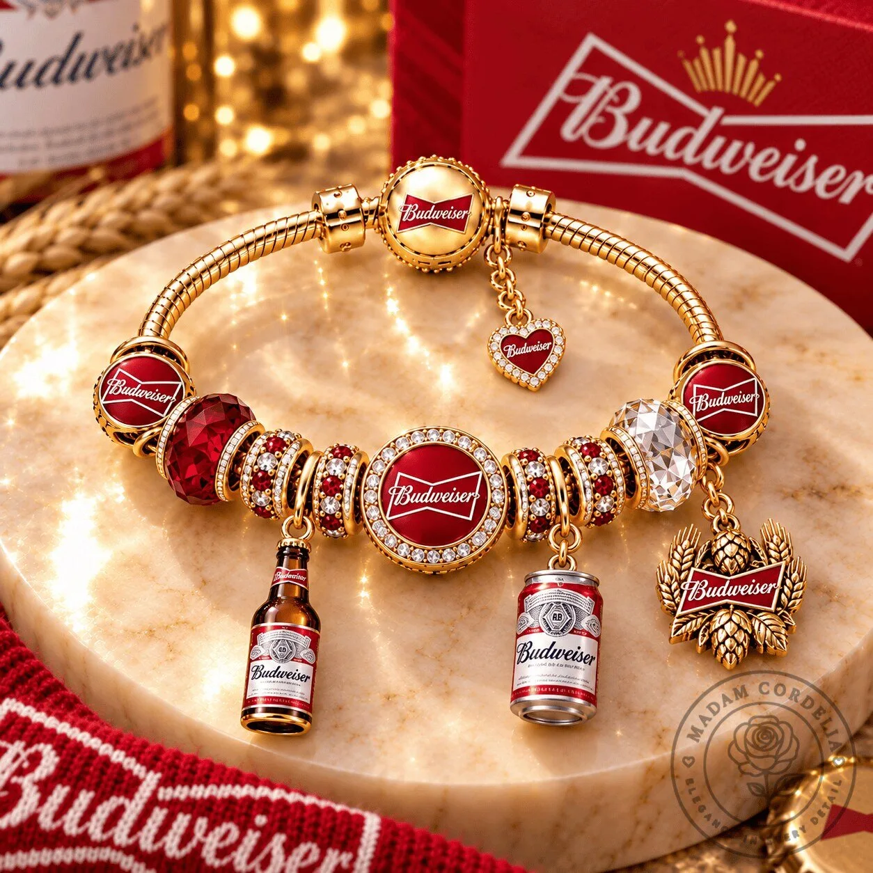 Budweiser Beer Bottle Can Charm Gold Bracelet Set
