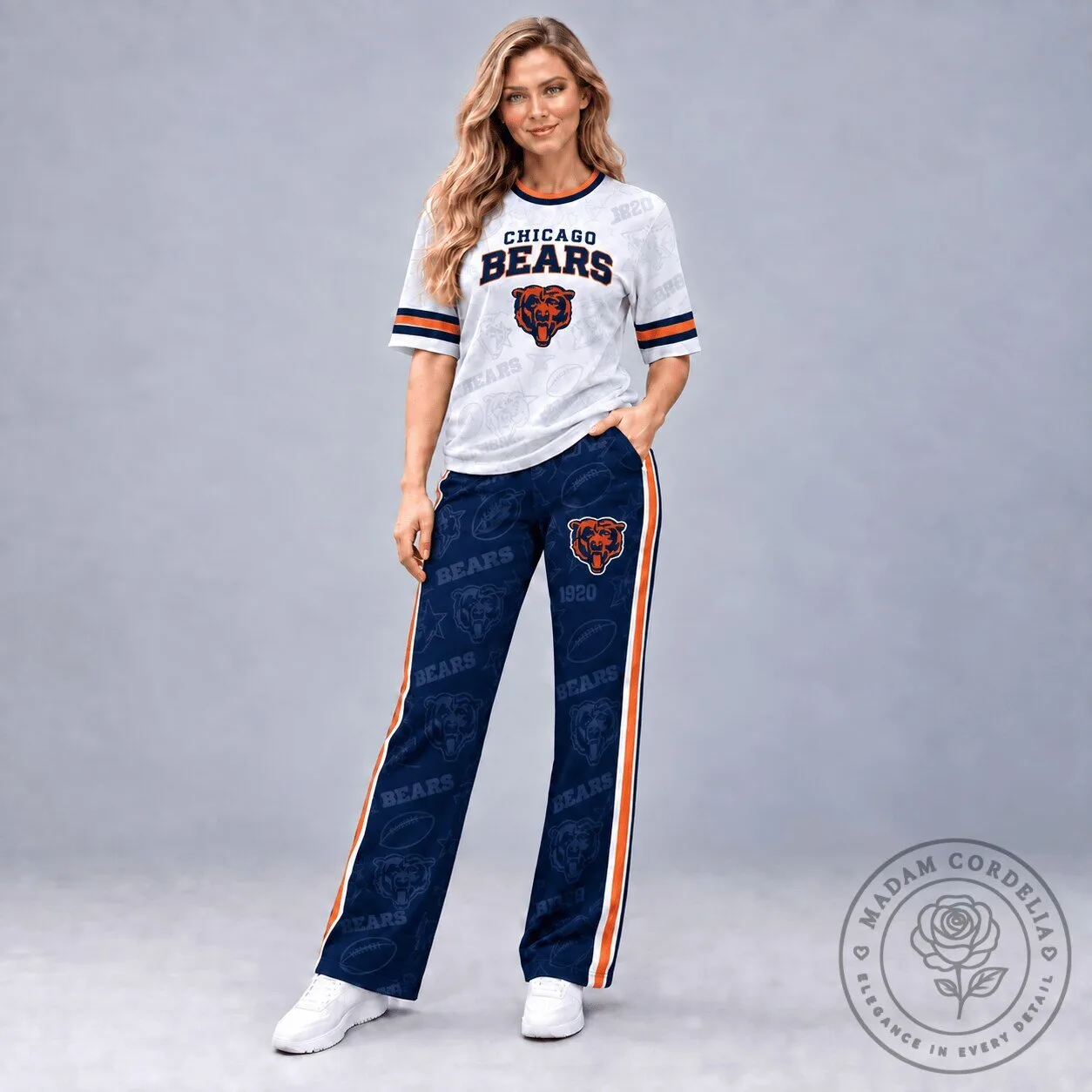 Chicago Bears National Football League Team Logo White and Navy Blue Womens Pajamas Set