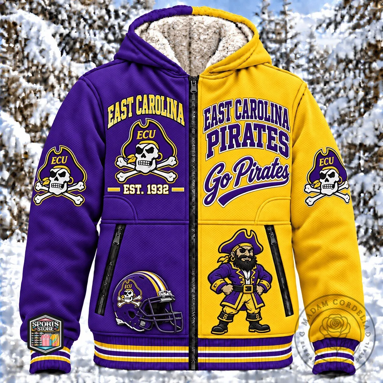 East Carolina Pirates NCAA Football Team Purple and Gold Sherpa Lined Hoodie