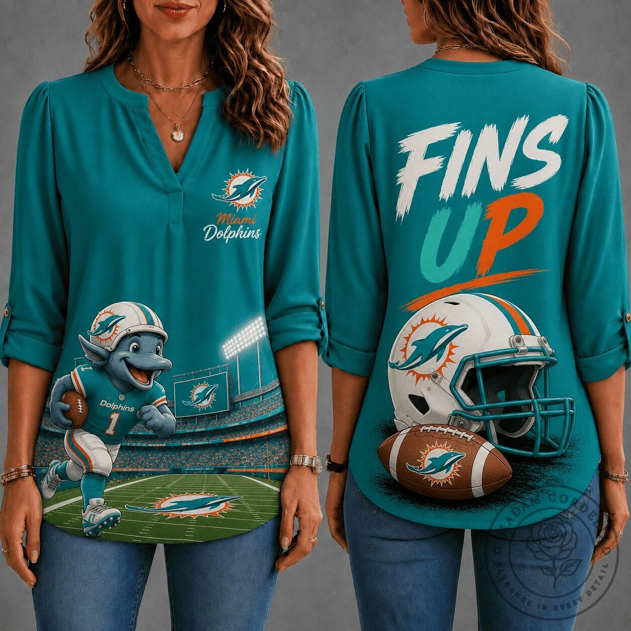 Miami Dolphins Shirt for Women, Fins Up Football Fan Long-Sleeve Blouse
