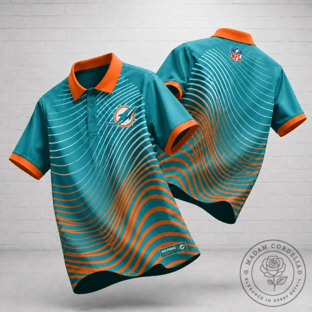 Miami Dolphins Polo Shirt Premium NFL Gridiron Soundwave Pulse Design Miami Dolphins Polo Shirt Premium NFL Gridiron Soundwave Pulse Design