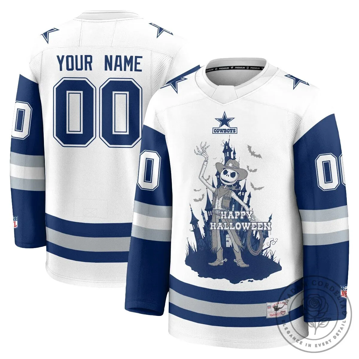 Custom Hockey Jersey for Halloween featuring Jack Skellington and Dallas Cowboys Design