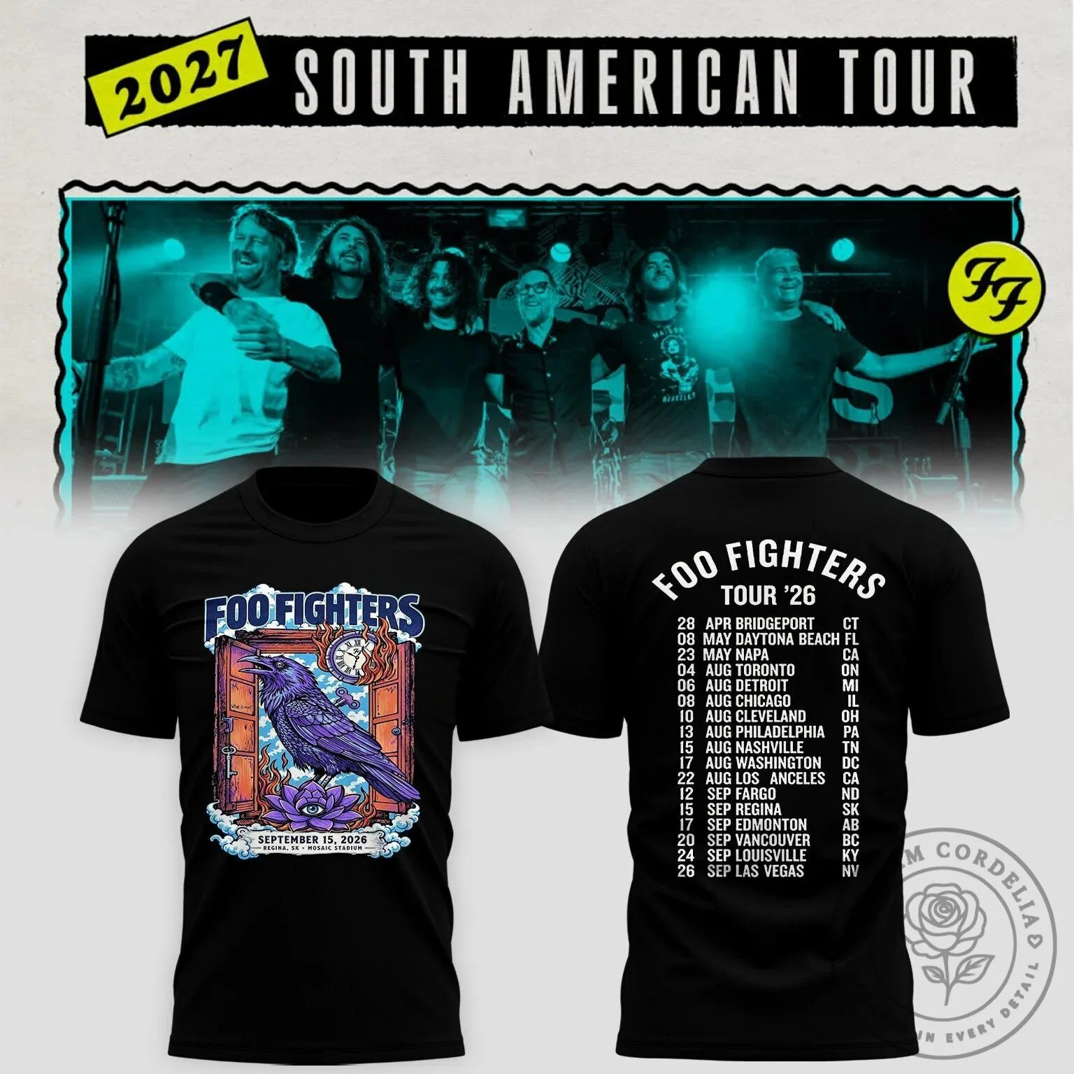 Foo Fighters 2026 Tour Dates Purple Raven Lotus Flower Black T-Shirt