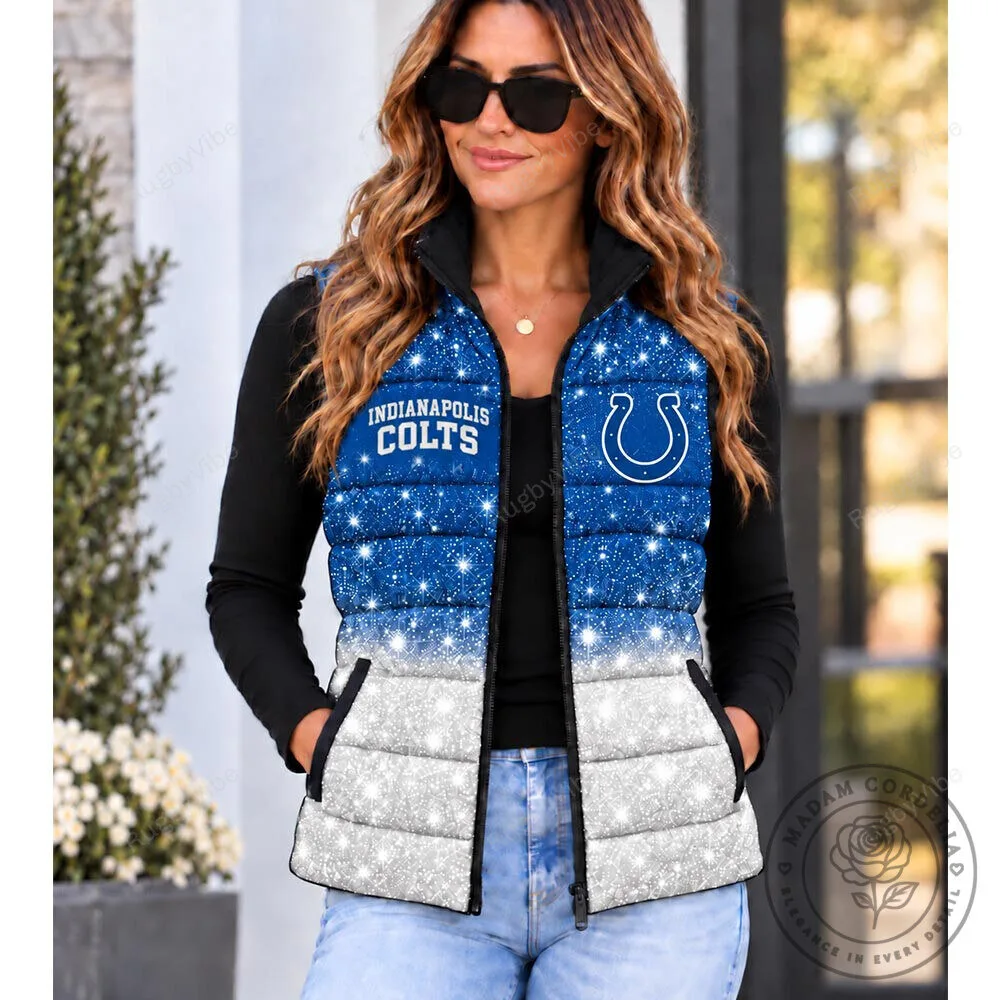Indianapolis Colts Sparkling Blue and White Puffer Vest for Women