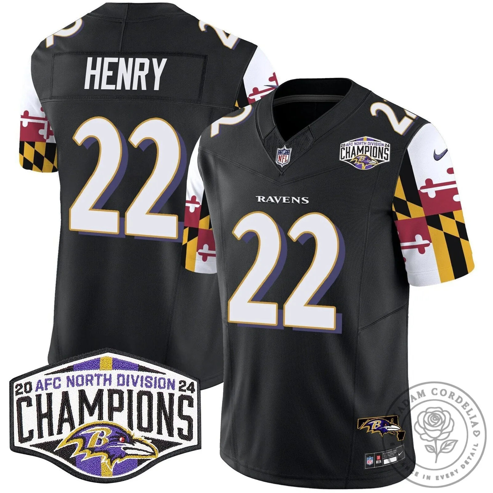 Baltimore Ravens 2024 AFC North Division Champions Henry Number 22 Football Jersey 50 Baltimore Ravens 2024 AFC North Division Champions Henry Number 22 Football Jersey