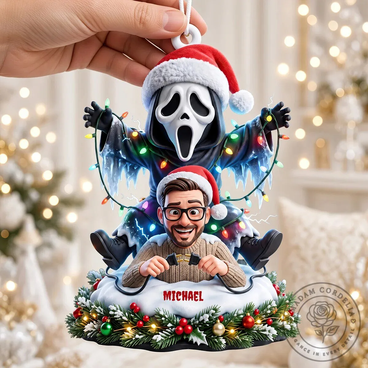 Ghostface Scream Christmas Ornament with Personalized Man in Santa Hat