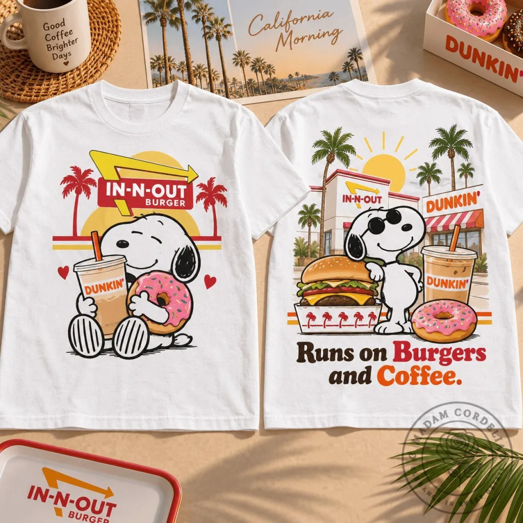 Snoopy Runs on Burgers and Coffee In-N-Out Dunkin' Donuts T-Shirt Snoopy Runs on Burgers and Coffee In-N-Out Dunkin' Donuts T-Shirt