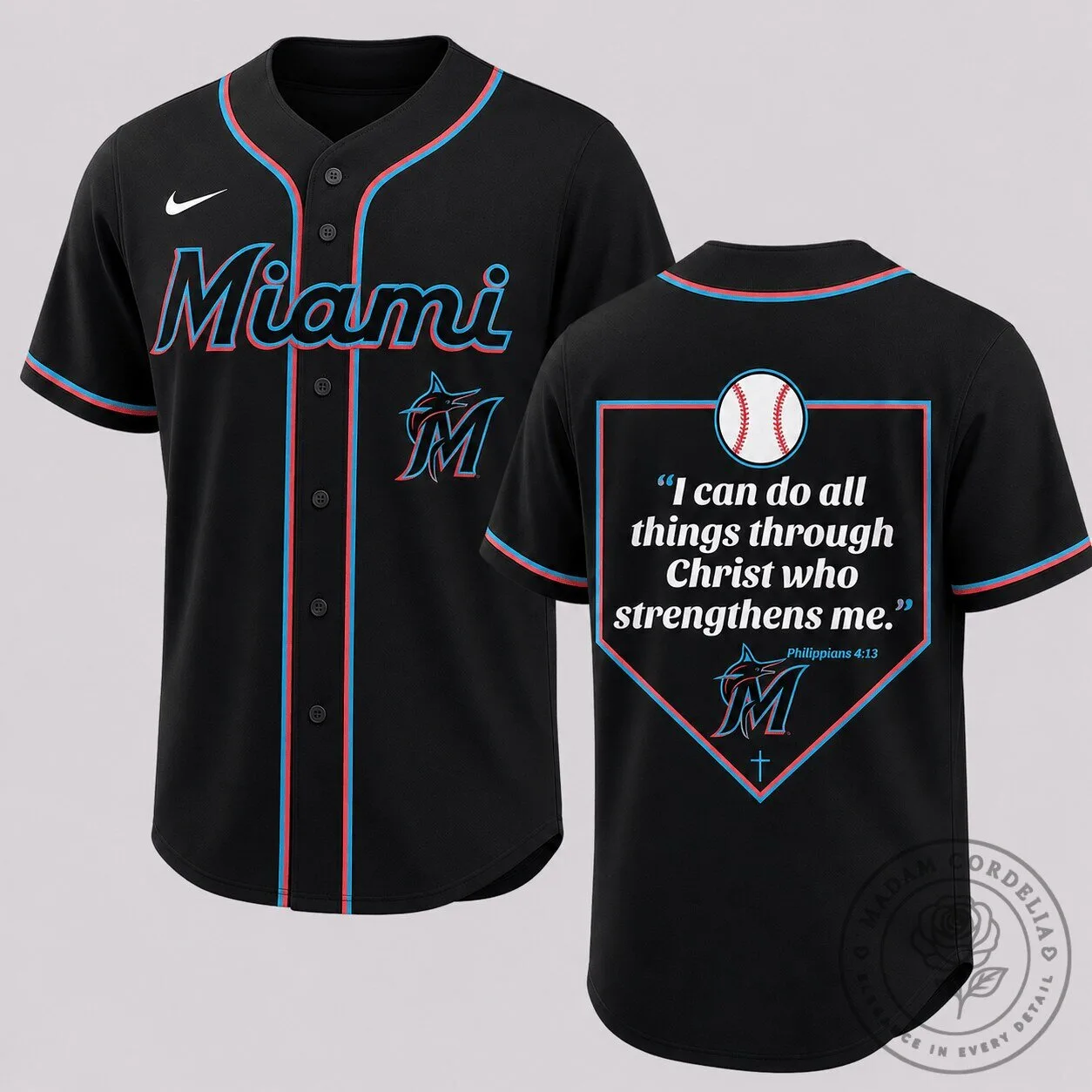 Miami Marlins Baseball Philippians 4:13 Home Plate Faith Jersey 2 Miami Marlins Baseball Philippians 4:13 Home Plate Faith Jersey
