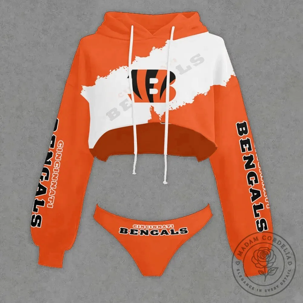 Cincinnati Bengals Orange and White Cropped Hoodie and Panties Set 1 Cincinnati Bengals Orange and White Cropped Hoodie and Panties Set