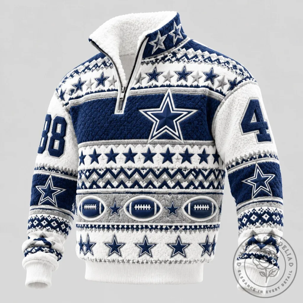 Dallas Cowboys Quarter-Zip Ugly Christmas Sweater Warm Fleece Lined Holiday Knit Pullover Dallas Cowboys Quarter-Zip Ugly Christmas Sweater Warm Fleece Lined Holiday Knit Pullover