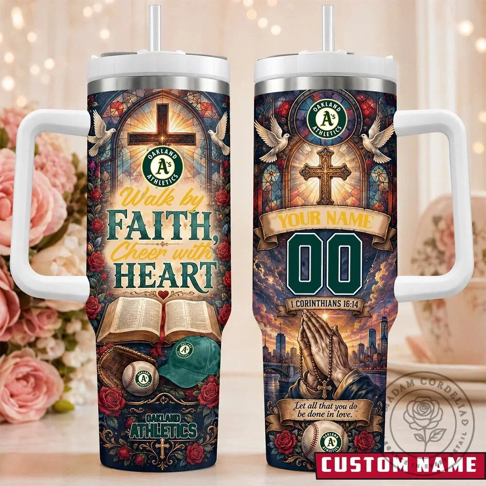 Oakland Athletics Baseball Personalized Faith Heart Stainless Steel Tumbler