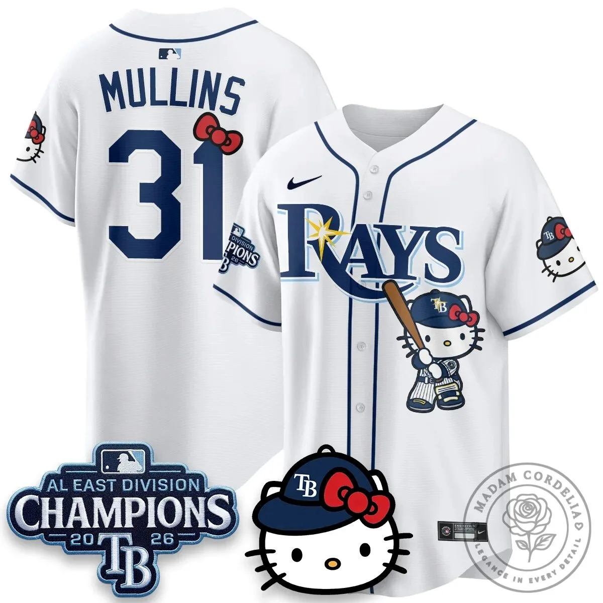 Tampa Bay Rays Hello Kitty 2026 AL East Division Champions Baseball Jersey 43 Tampa Bay Rays Hello Kitty 2026 AL East Division Champions Baseball Jersey