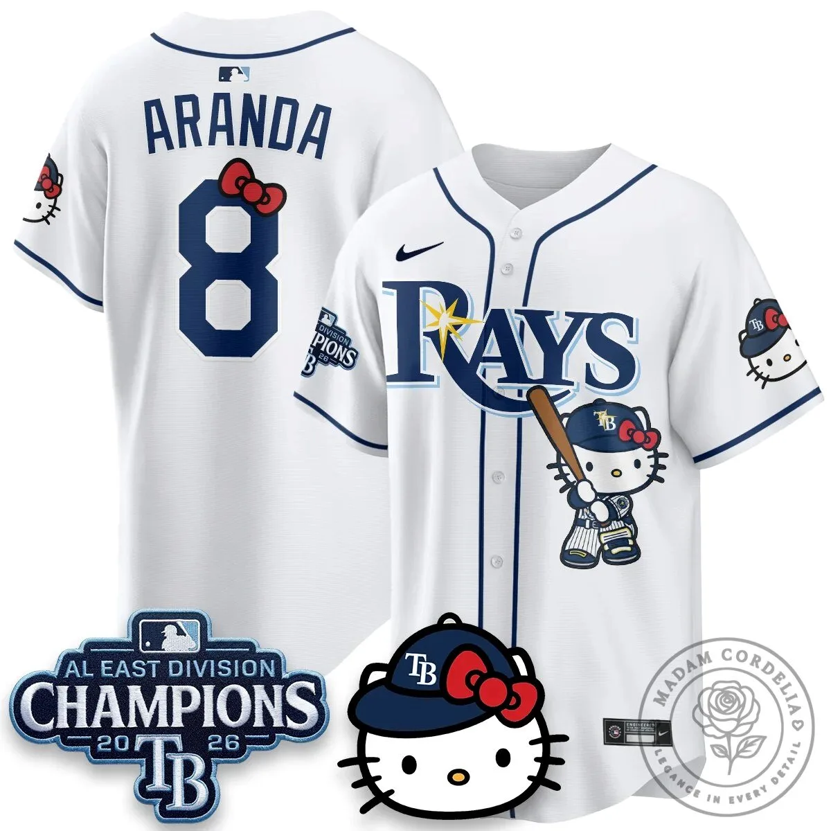 Tampa Bay Rays Hello Kitty 2026 AL East Division Champions Baseball Jersey 45 Tampa Bay Rays Hello Kitty 2026 AL East Division Champions Baseball Jersey