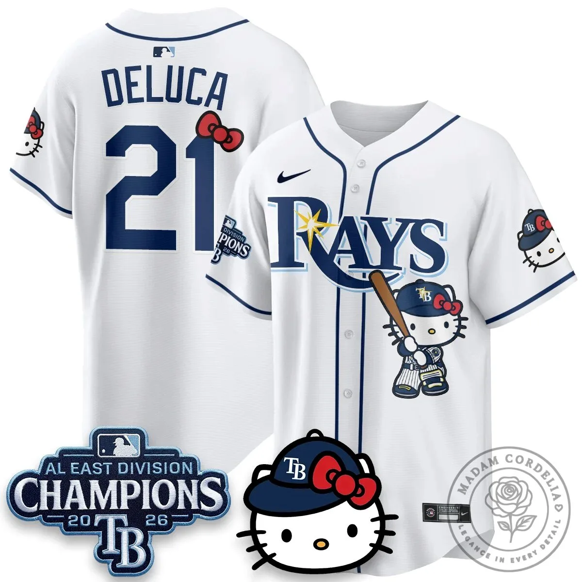 Tampa Bay Rays Hello Kitty 2026 AL East Division Champions Baseball Jersey 46 Tampa Bay Rays Hello Kitty 2026 AL East Division Champions Baseball Jersey