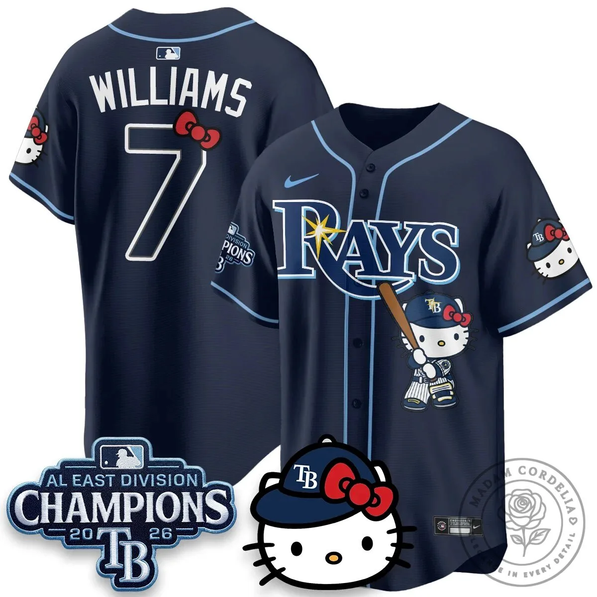 Tampa Bay Rays Hello Kitty 2026 AL East Division Champions Baseball Jersey 53 Tampa Bay Rays Hello Kitty 2026 AL East Division Champions Baseball Jersey
