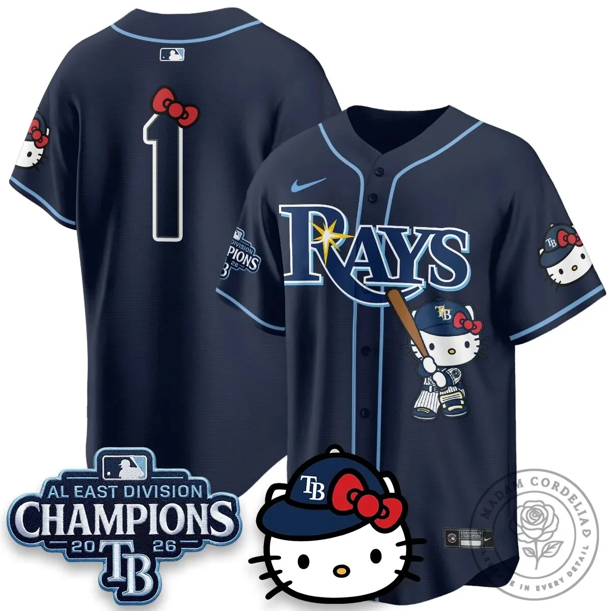 Tampa Bay Rays Hello Kitty 2026 AL East Division Champions Baseball Jersey 56 Tampa Bay Rays Hello Kitty 2026 AL East Division Champions Baseball Jersey