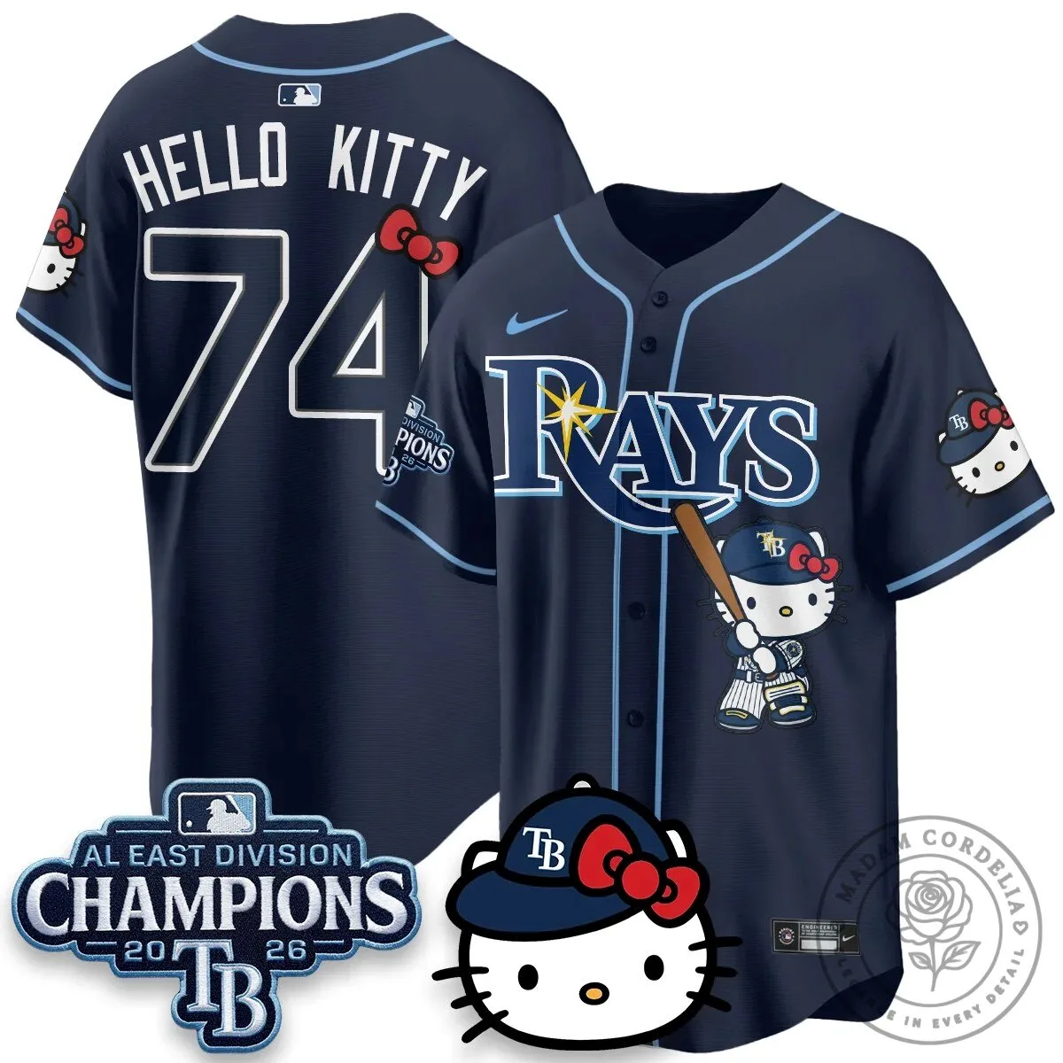 Tampa Bay Rays Hello Kitty 2026 AL East Division Champions Baseball Jersey 57 Tampa Bay Rays Hello Kitty 2026 AL East Division Champions Baseball Jersey