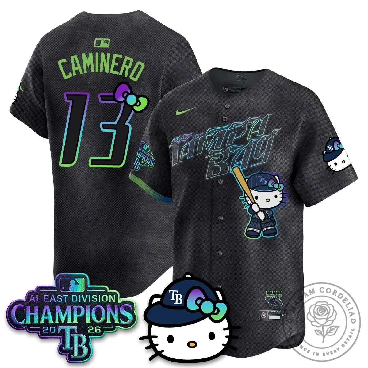 Tampa Bay Rays Hello Kitty 2026 AL East Division Champions Baseball Jersey 59 Tampa Bay Rays Hello Kitty 2026 AL East Division Champions Baseball Jersey