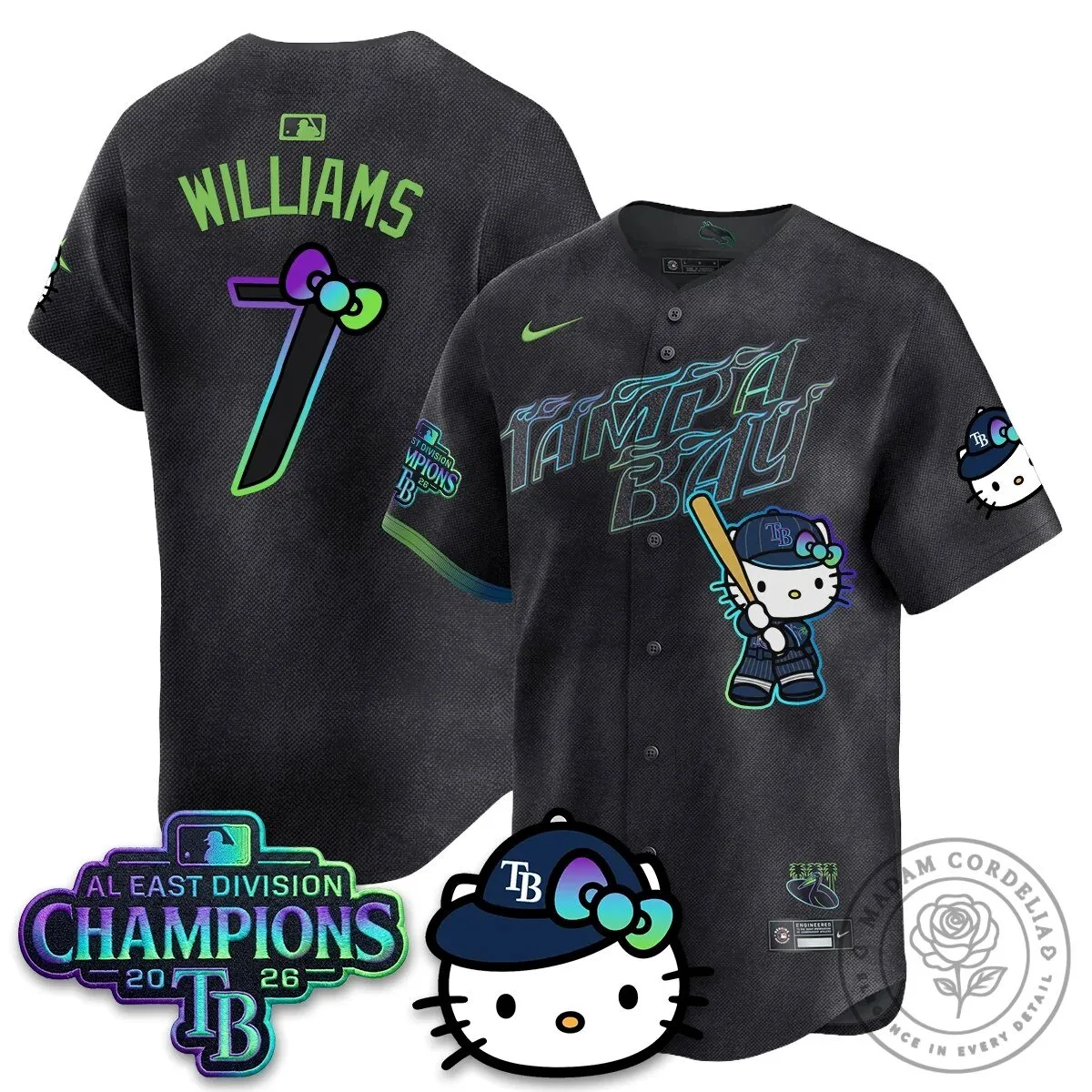 Tampa Bay Rays Hello Kitty 2026 AL East Division Champions Baseball Jersey 62 Tampa Bay Rays Hello Kitty 2026 AL East Division Champions Baseball Jersey