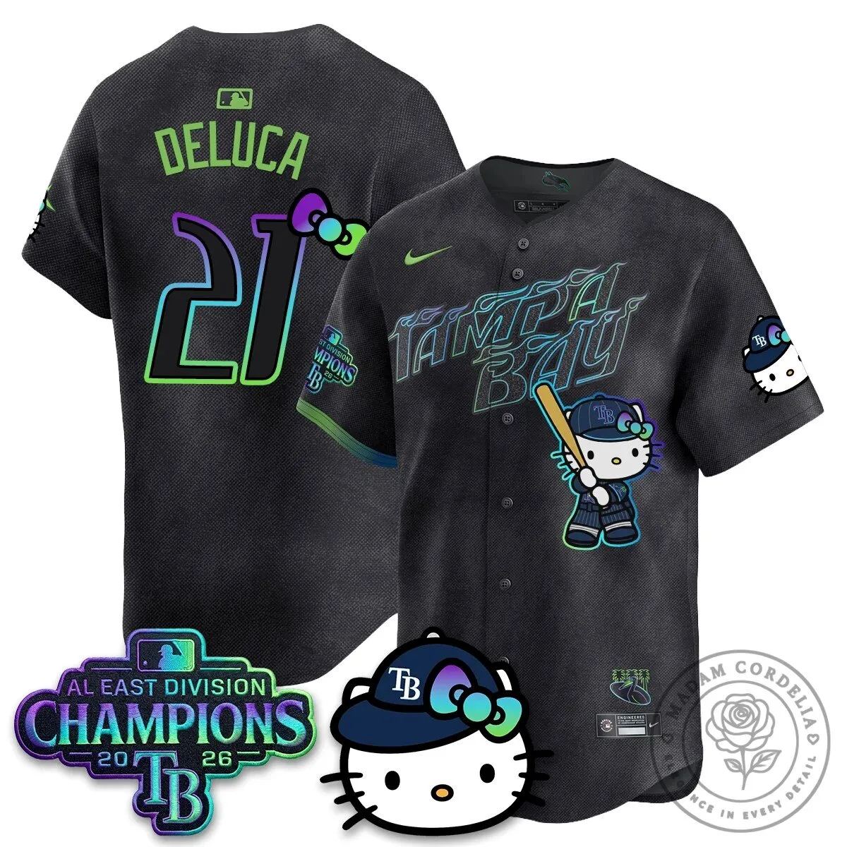Tampa Bay Rays Hello Kitty 2026 AL East Division Champions Baseball Jersey 64 Tampa Bay Rays Hello Kitty 2026 AL East Division Champions Baseball Jersey