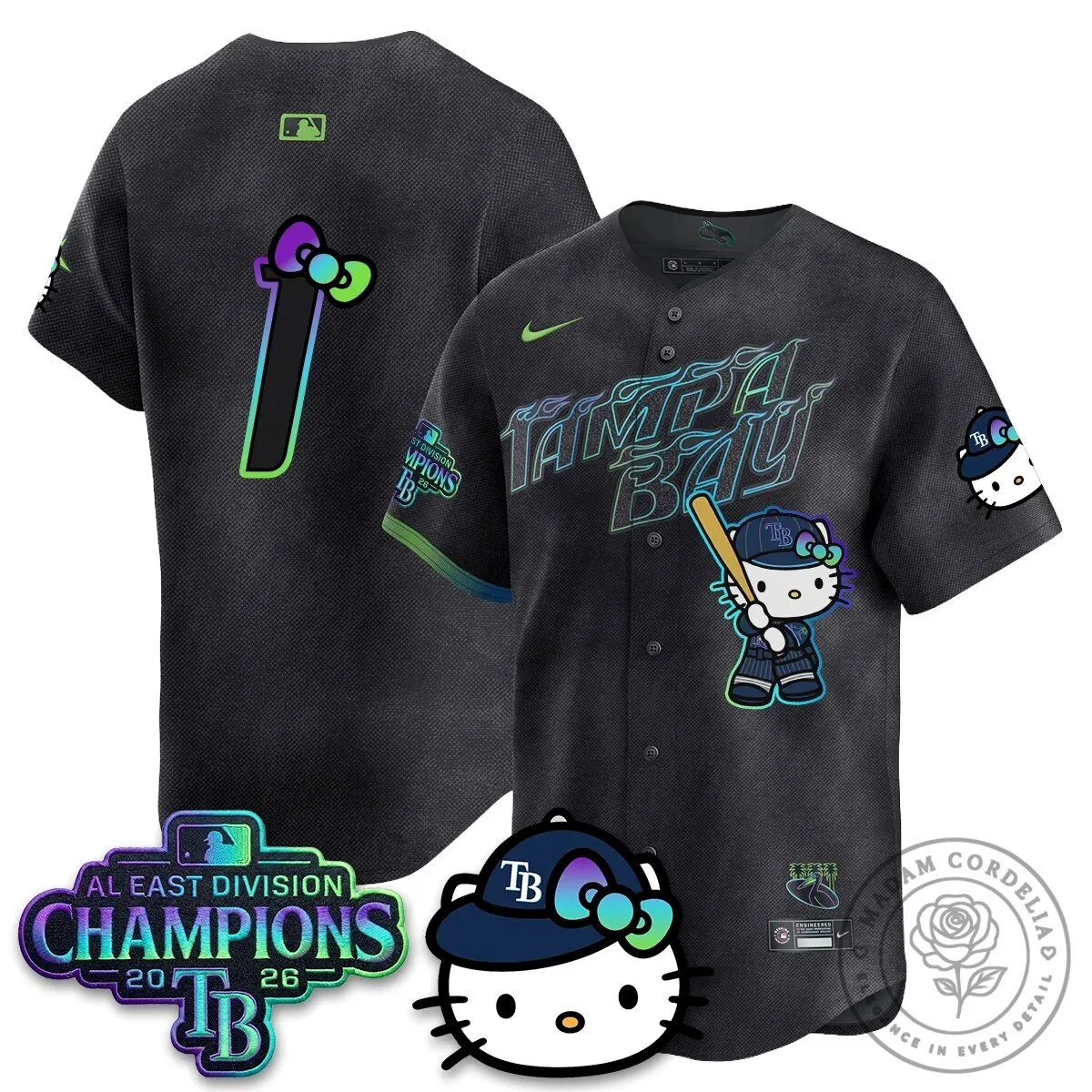 Tampa Bay Rays Hello Kitty 2026 AL East Division Champions Baseball Jersey 65 Tampa Bay Rays Hello Kitty 2026 AL East Division Champions Baseball Jersey