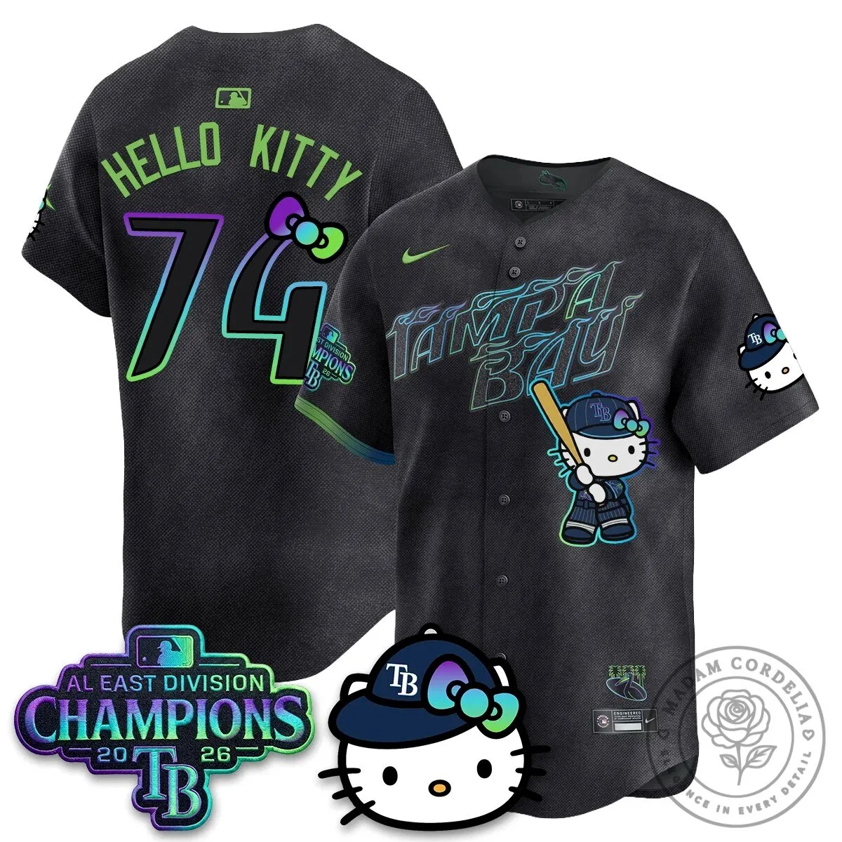 Tampa Bay Rays Hello Kitty 2026 AL East Division Champions Baseball Jersey 66 Tampa Bay Rays Hello Kitty 2026 AL East Division Champions Baseball Jersey