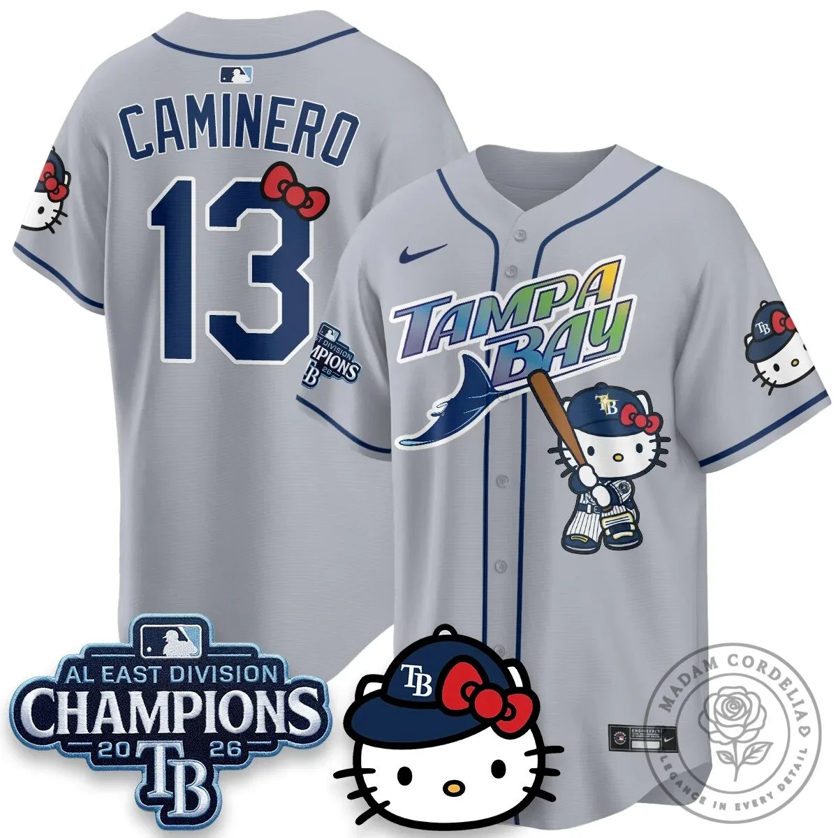 Tampa Bay Rays Hello Kitty 2026 AL East Division Champions Baseball Jersey 68 Tampa Bay Rays Hello Kitty 2026 AL East Division Champions Baseball Jersey