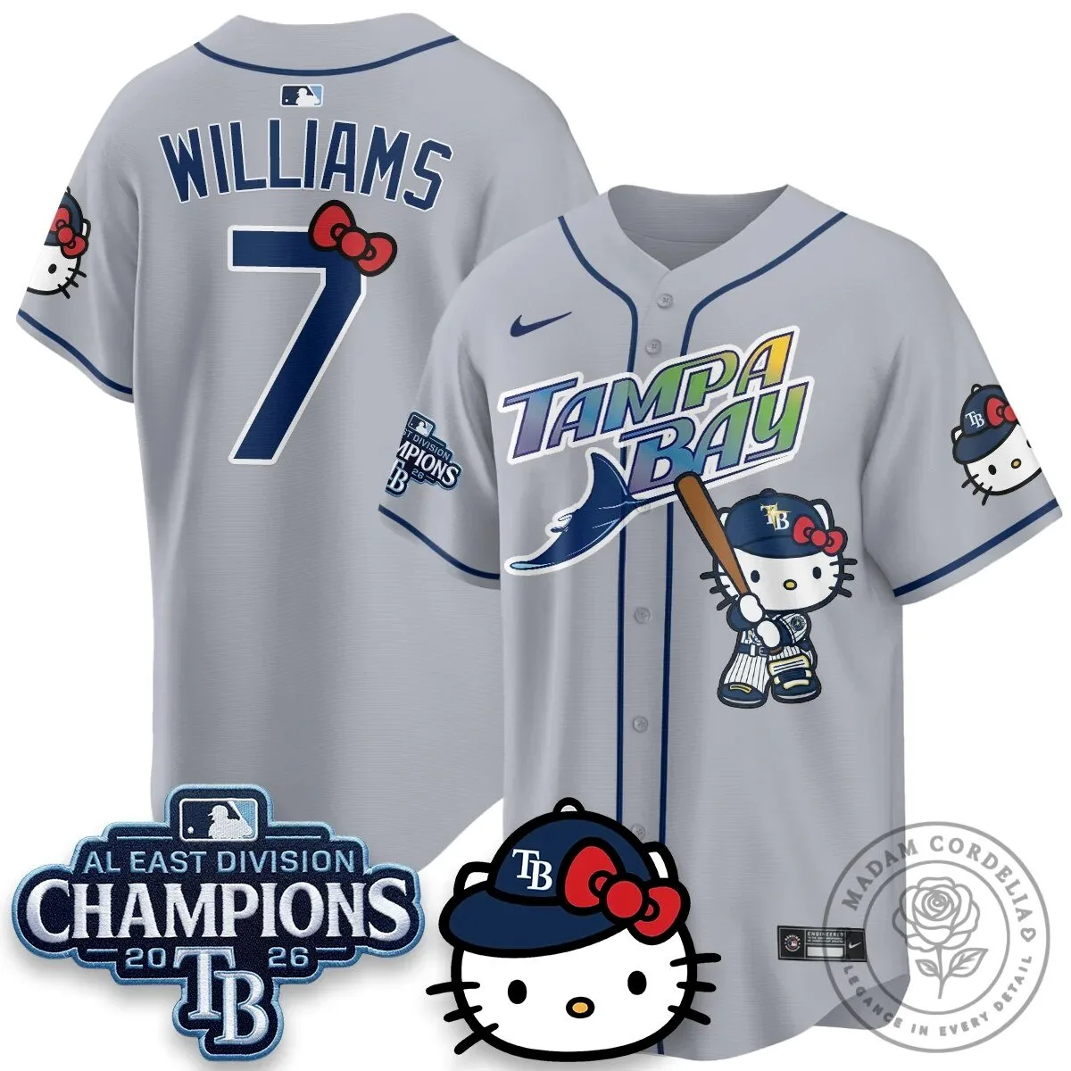 Tampa Bay Rays Hello Kitty 2026 AL East Division Champions Baseball Jersey 71 Tampa Bay Rays Hello Kitty 2026 AL East Division Champions Baseball Jersey