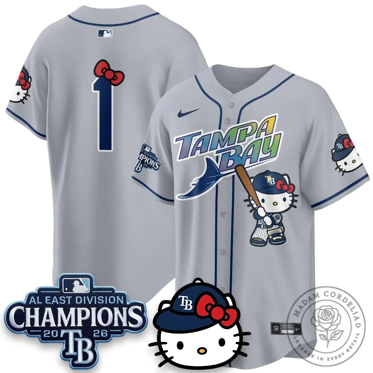 Tampa Bay Rays Hello Kitty 2026 AL East Division Champions Baseball Jersey 74 Tampa Bay Rays Hello Kitty 2026 AL East Division Champions Baseball Jersey