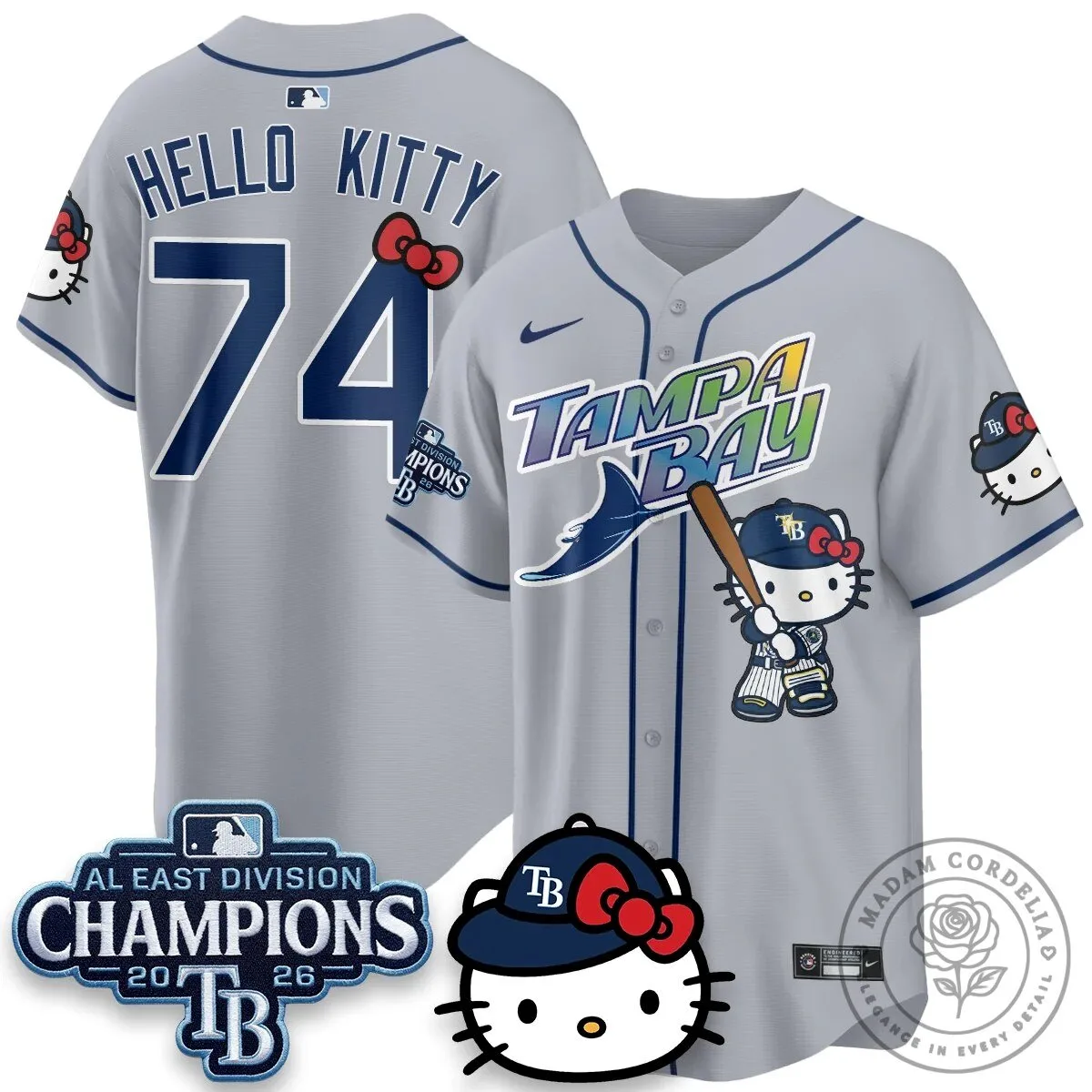 Tampa Bay Rays Hello Kitty 2026 AL East Division Champions Baseball Jersey 75 Tampa Bay Rays Hello Kitty 2026 AL East Division Champions Baseball Jersey