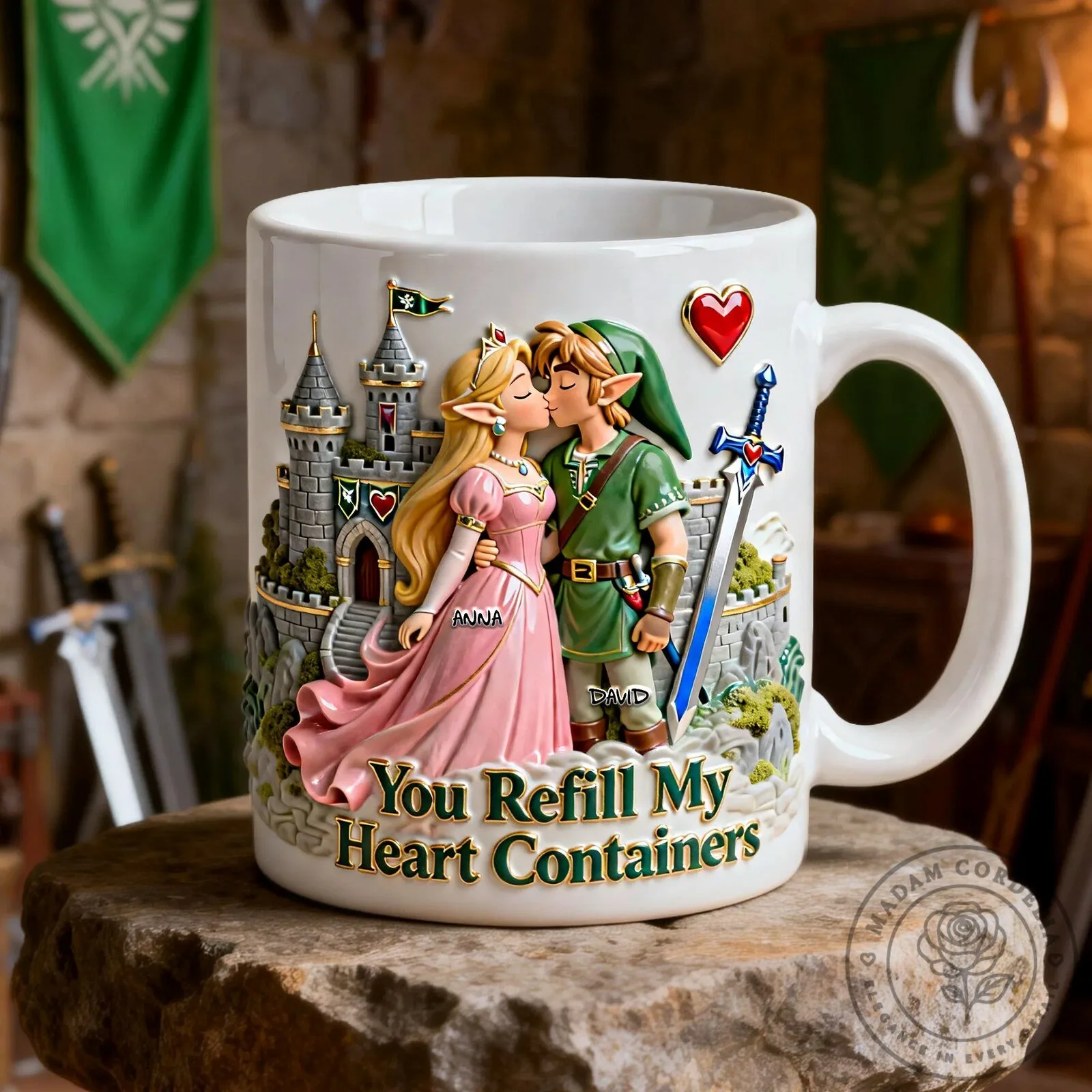 Legend of Zelda Link and Princess Zelda Kissing Castle Personalized Mug