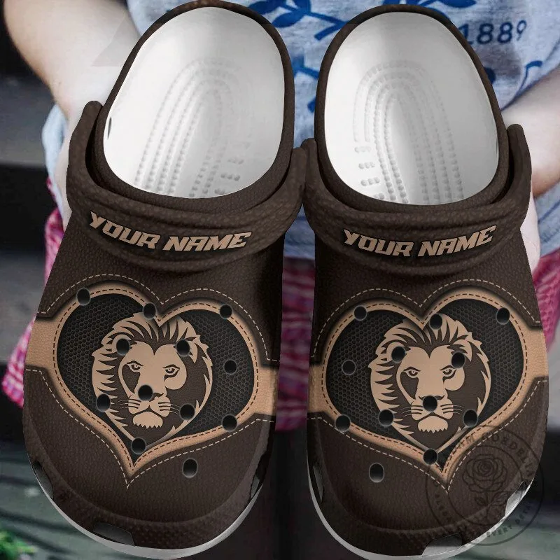 Customizable Lion Head Heart Design Brown Clogs Shoes