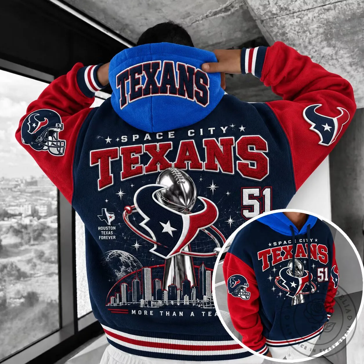 Houston Texans Space City Football Team Blue and Red Varsity Hoodie