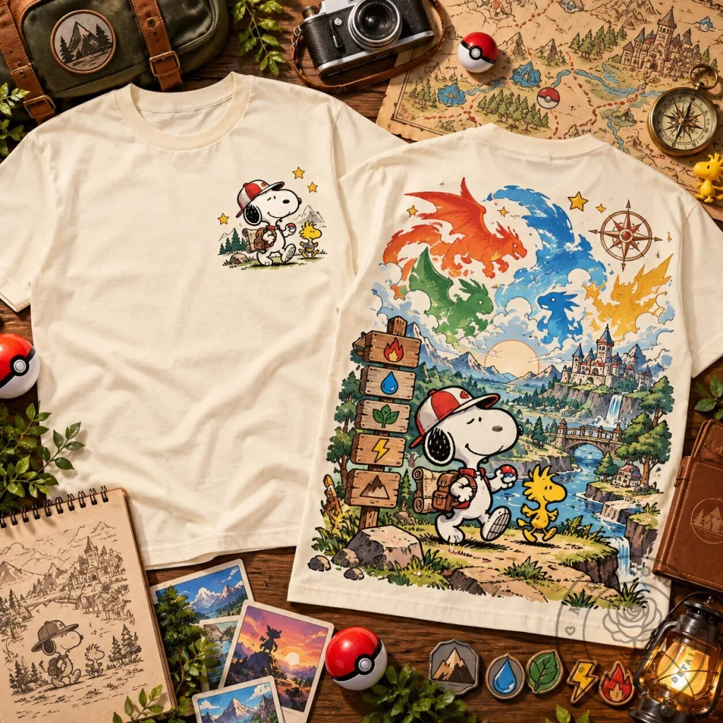 Snoopy And Woodstock Pokemon Adventure Explorer Graphic T-Shirt Snoopy And Woodstock Pokemon Adventure Explorer Graphic T-Shirt