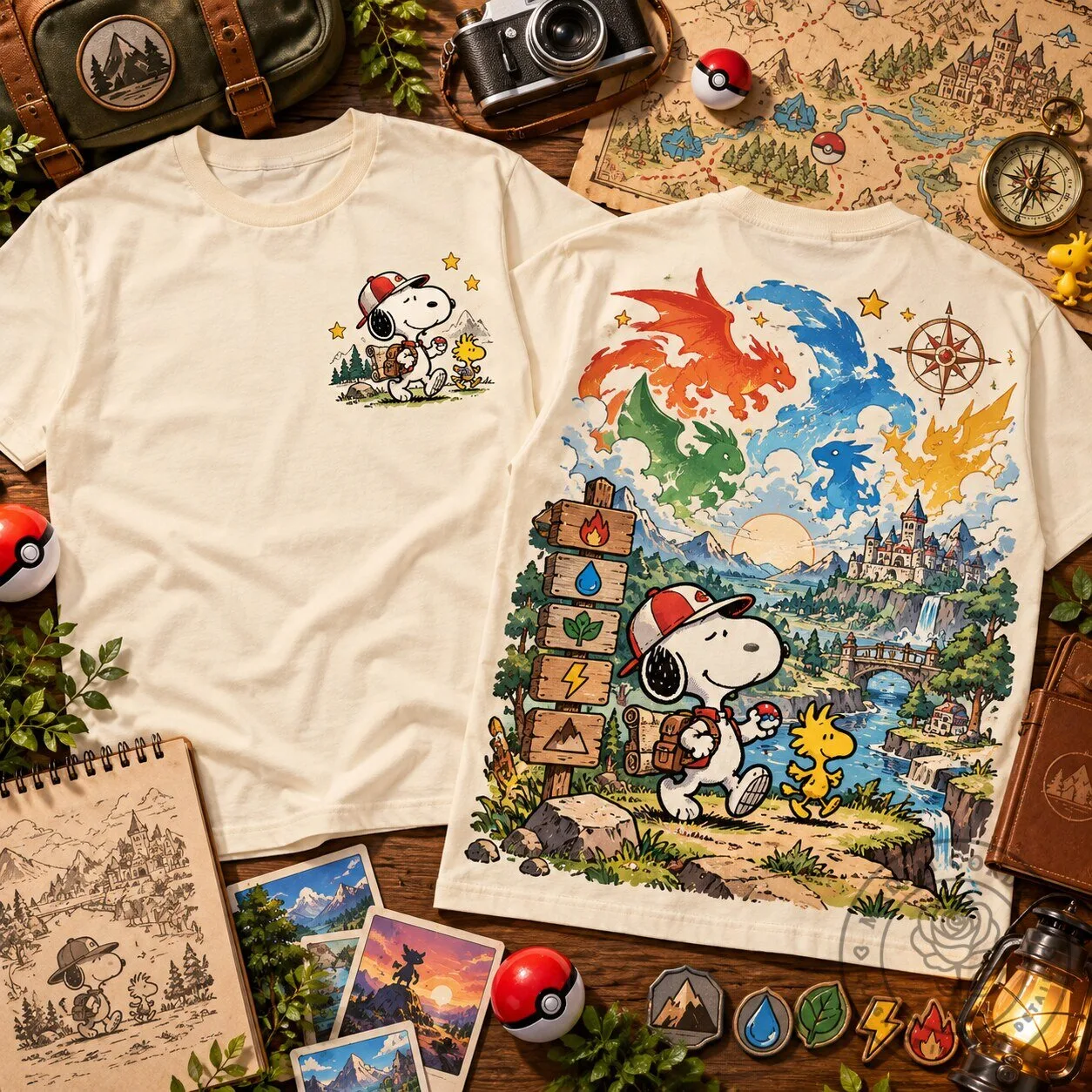 Snoopy And Woodstock Pokemon Adventure Explorer Graphic T-Shirt