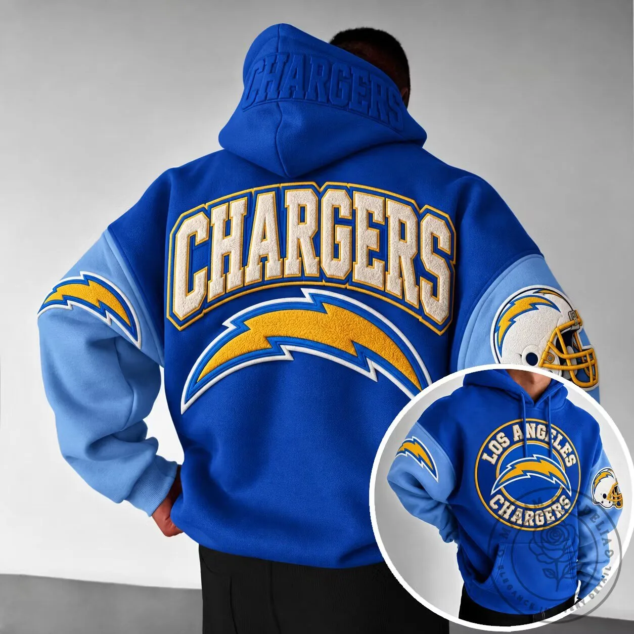 Los Angeles Chargers Football Team Blue and Yellow Embroidered Hoodie