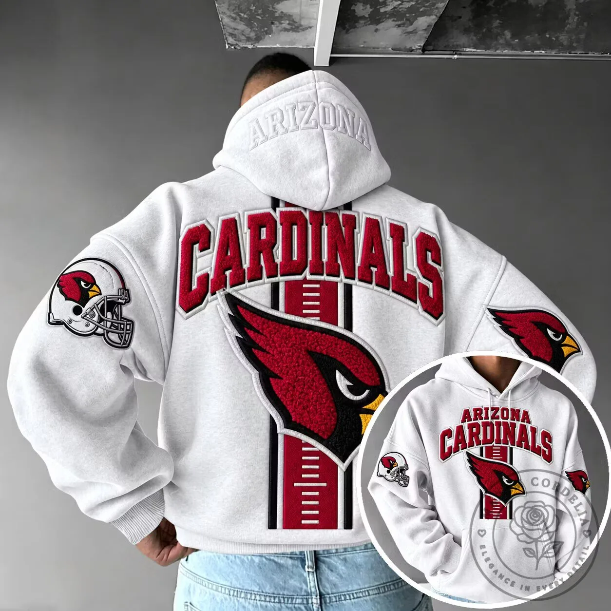 Arizona Cardinals Football Team Embroidered White Hoodie
