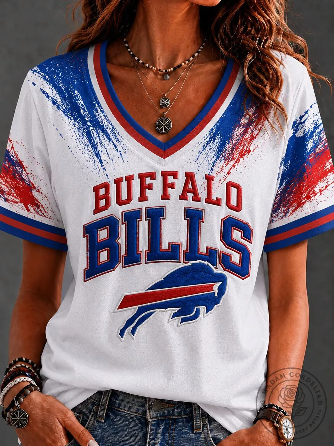 Buffalo Bills Football Team Splatter Paint Design Women's V-Neck T-Shirt