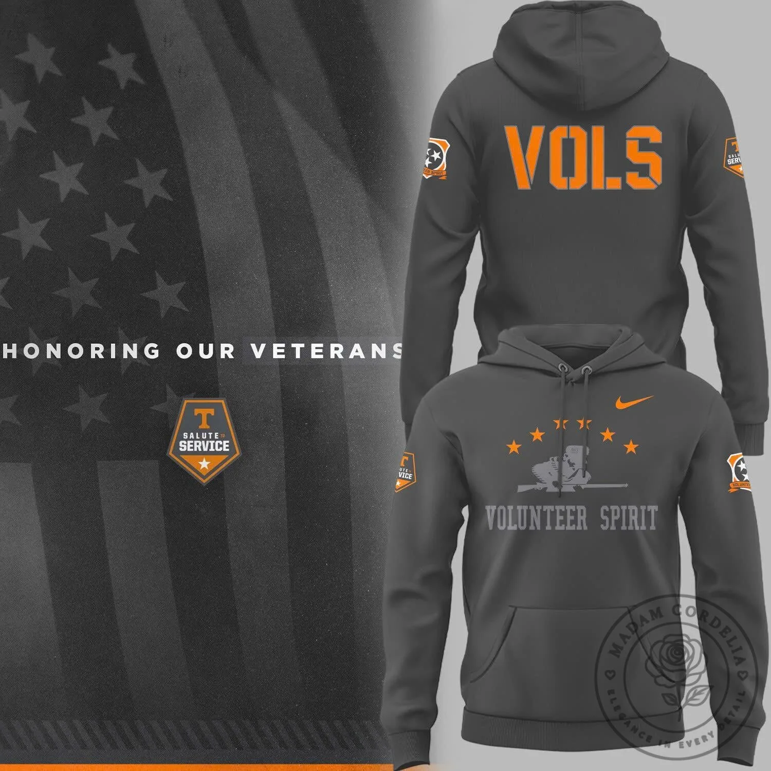 Go Vols Tennessee Volunteers Salute To Service Smoke Grey Hoodie