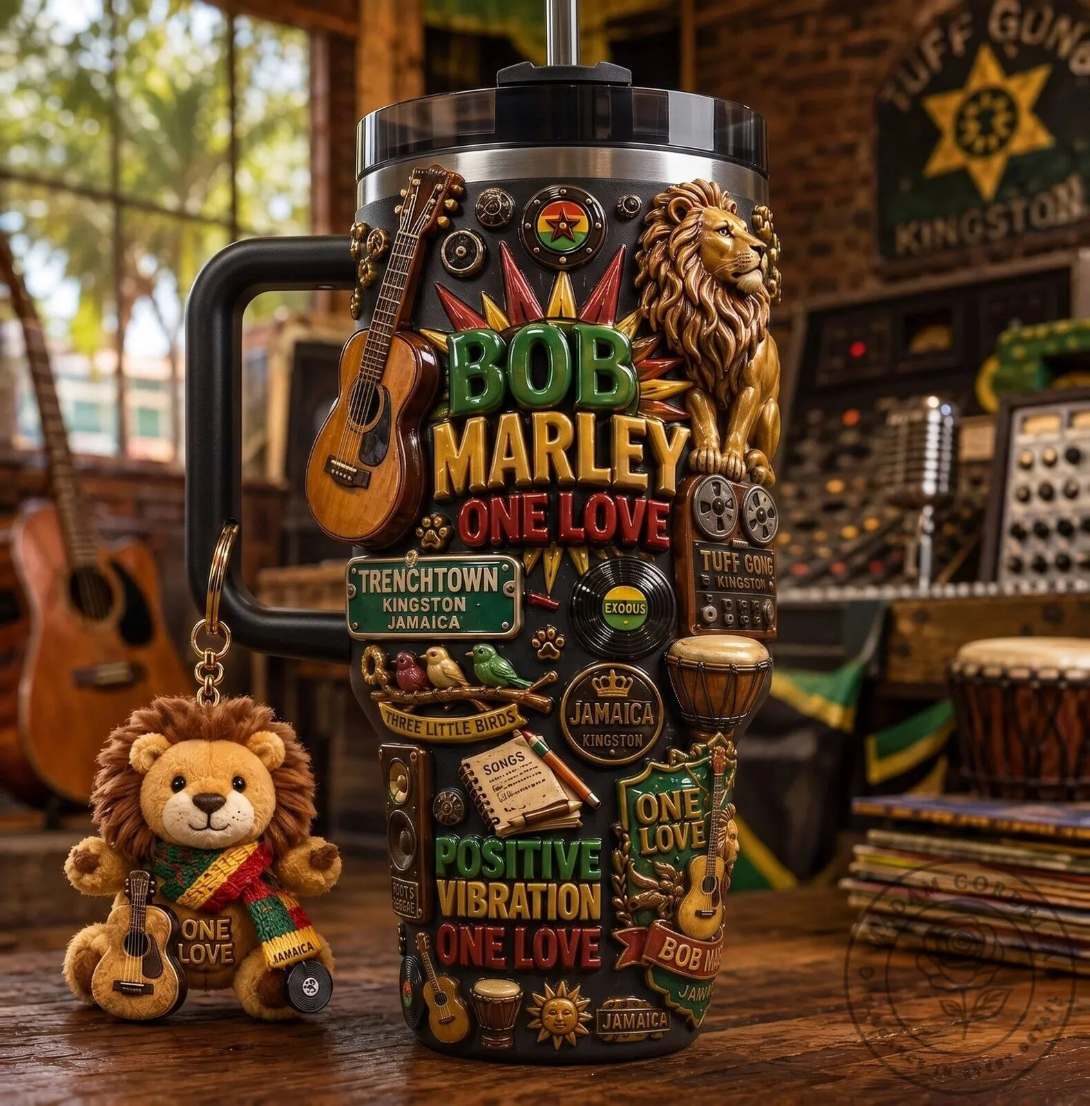 Insulated Stainless Steel Tumbler with Handle featuring Bob Marley One Love Reggae Music