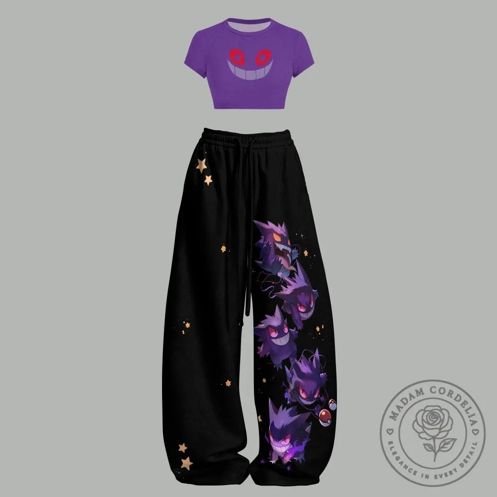 Gengar Pokémon Character Women's Crop Top T-Shirt and Wide Leg Pants Set